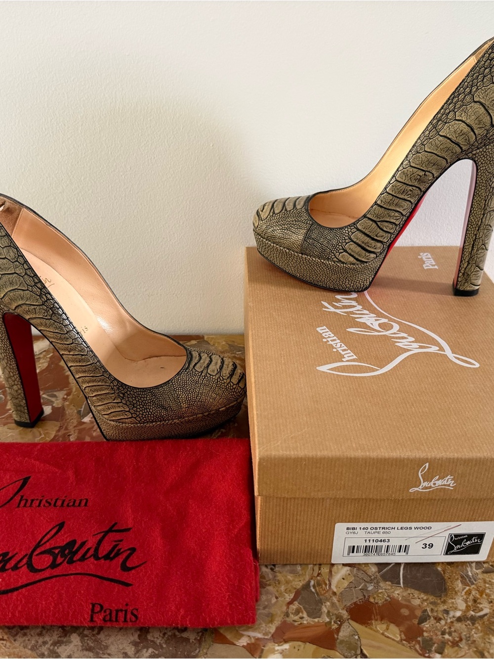 Christian Louboutin Olive/Gray Snake-Embossed Platform Pumps with Red Sole